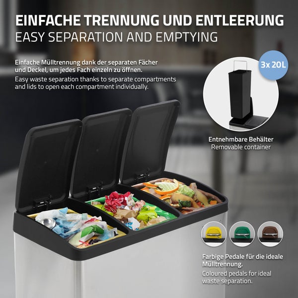 ML-Design Mülleimer Küche 3x 20L (60L), Silber, Mülltrennsystem 3 Fächer, Treteimer zur Mülltrennung, Abfalleimer aus Edelstahl mit Inneneimer aus Kunststoff & Klappdeckel, farblicher Kennzeichnung