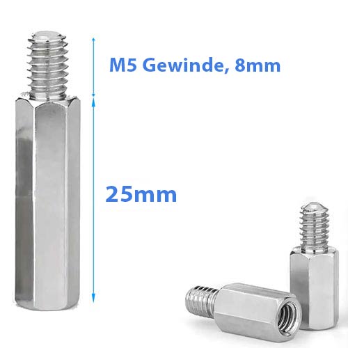 Distanzbolzen M5 aus Metall mit Sechskant-Körper, 25 Millimeter Länge und 8 Millimeter Gewindelänge.