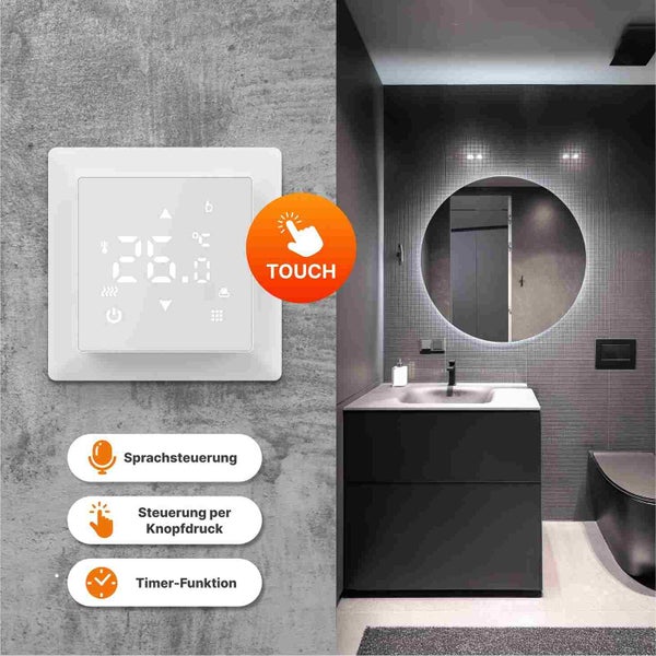 Digitales Raumthermostat mit Touchscreen und Sprachsteuerung im Badezimmer