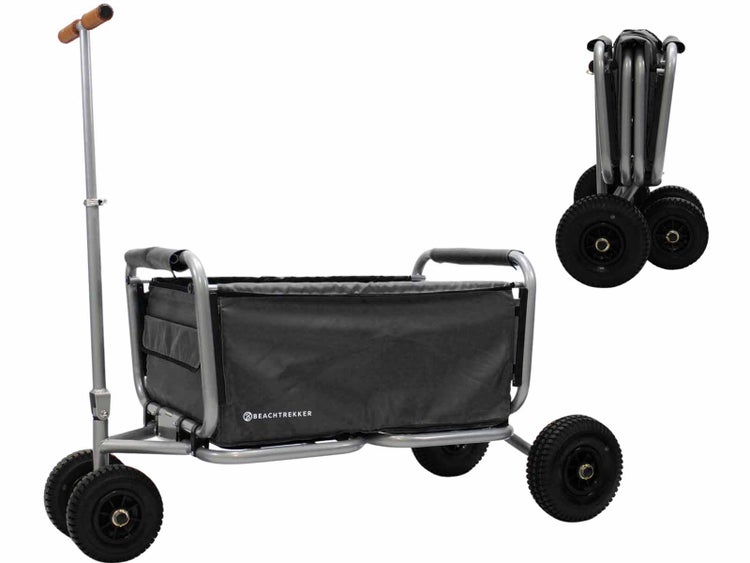 BeachTrekker Bollerwagen mit grauer Stofftasche und Luftreifen, zusammengeklappte Version im Hintergrund