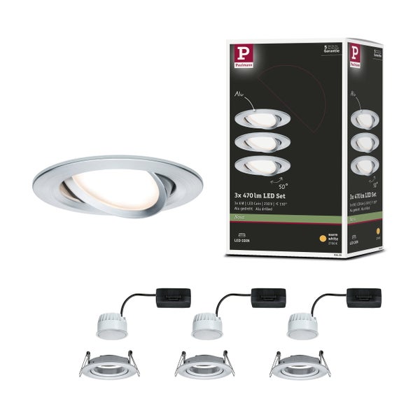 Paulmann Nova LED Einbauleuchten Set mit 3 schwenkbaren Strahlern in weiß matt inklusive 470 Lumen LED Coin Leuchtmittel