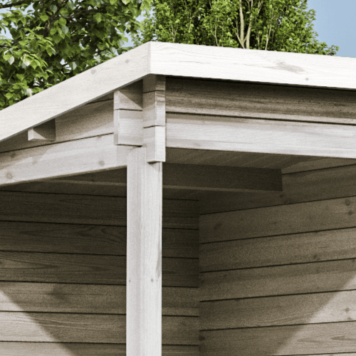 Detailansicht eines Holzgartenhauses mit Eckpfosten und Dachkonstruktion.