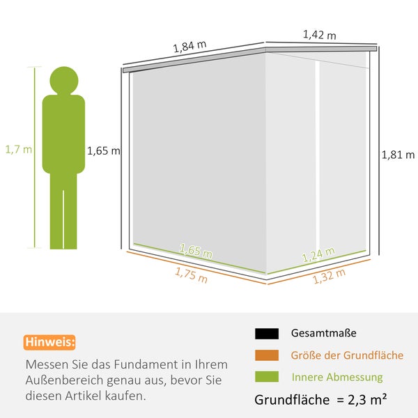 Outsunny Metall Gerätehaus 2,3m² 142x184x181cm Geräteschuppen mit Fundament Pultdach Fenster abschließbar Tür Handschuhe wetterfest Gartenhaus Outdoor Garten Schuppen für Garten Hinterhof Hellgrau