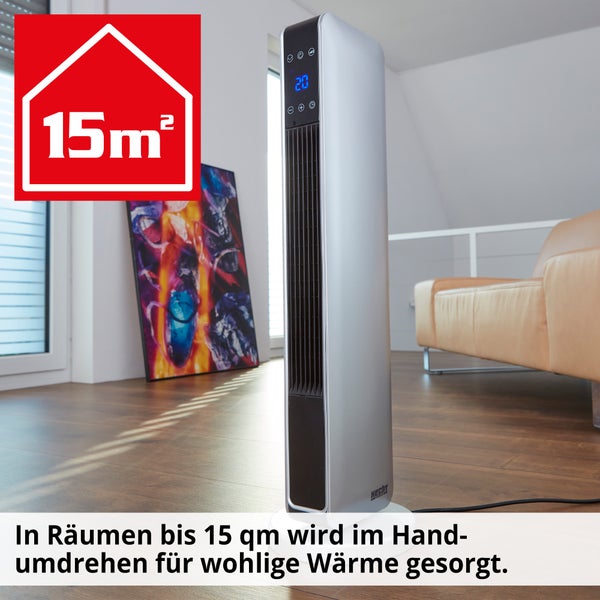 Turmheizlüfter im Wohnraum mit Hinweis auf 15 Quadratmeter Raumgröße