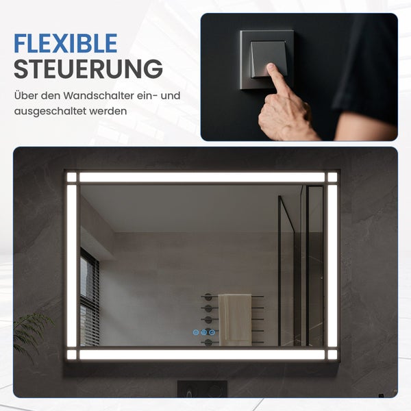 Beleuchteter Badezimmerspiegel mit LED Rahmen und Wandsteuerschalter für die Lichtaktivierung.