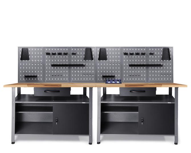 Werkbank mit Lochwand und Schrank