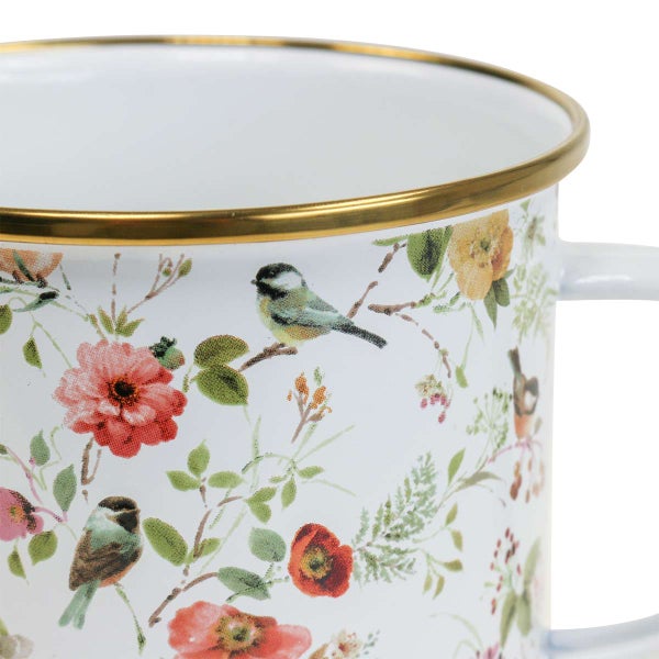 Emailletasse mit Blumen- und Vogelmuster sowie goldenem Rand