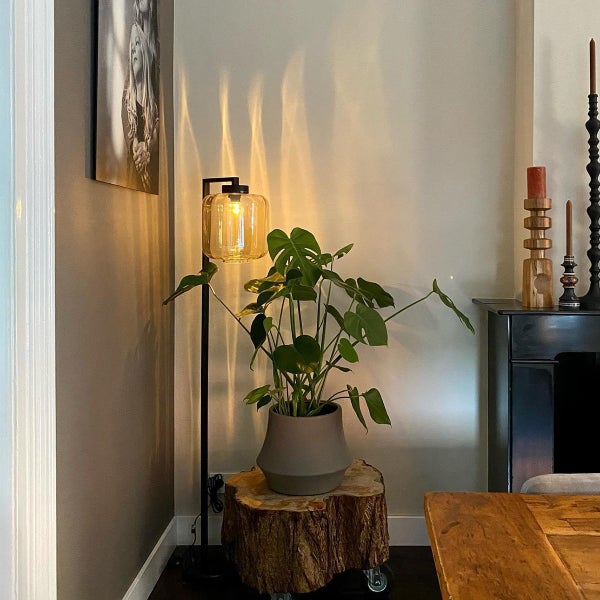 Innenraum mit Stehlampe, Pflanze im Topf auf einem Baumstumpf und Dekorationsgegenständen