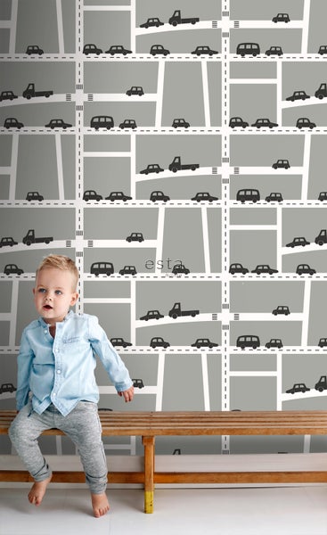 Fototapete mit Auto- und Straßenmuster im Kinderzimmer