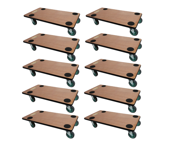 Zehn Transportroller aus Holz mit jeweils vier Lenkrollen und Anti-Rutsch-Punkten.