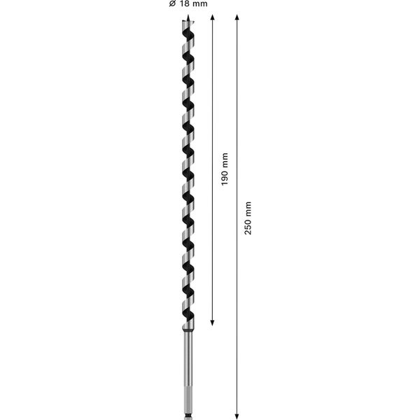 Holzbohrer mit einem Durchmesser von 18 Millimetern und einer Länge von 250 Millimetern.