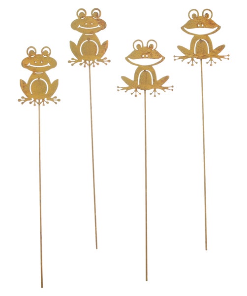 FRANK FLECHTWAREN | Gartenstecker Frosch, 4er Set, 7 x 0,5 x 38 cm, 9 x 0,5 x 38 cm, METALL
