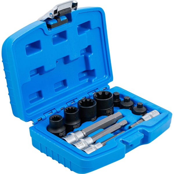 Werkzeugsatz in geöffnetem blauem Koffer mit Steckschlüsseln und Bits
