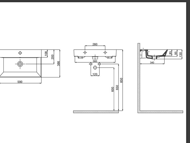 Technische Zeichnung eines Waschtisches mit Maßangaben