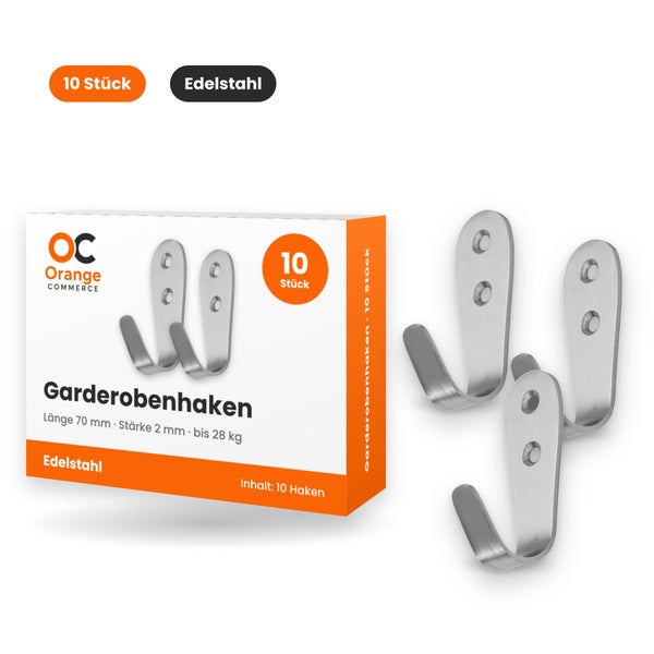 Set aus 10 Garderobenhaken aus Edelstahl mit 70 Millimeter Länge und 2 Millimeter Stärke für bis zu 28 Kilogramm Tragkraft
