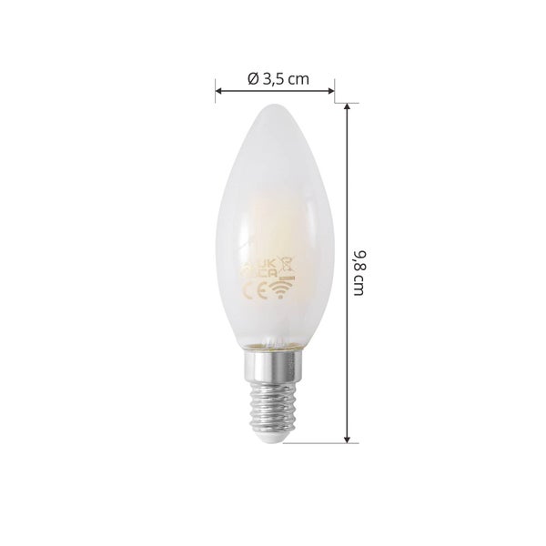 LED-Kerzenlampe E14 mit Maßen: Durchmesser 3,5 Zentimeter, Höhe 9,8 Zentimeter, mattiertes Glas.