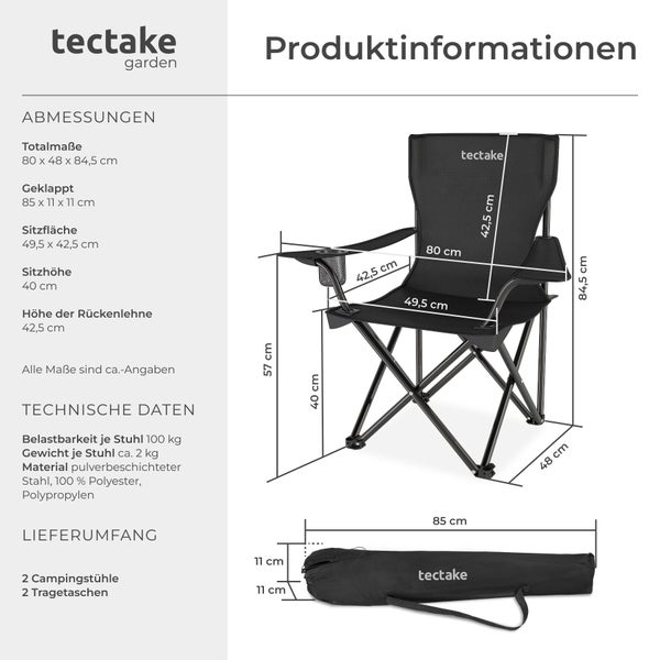 Tectake Campingstuhl Set inklusive Maßangaben und technischer Daten für zwei klappbare Stühle mit Tragetaschen.