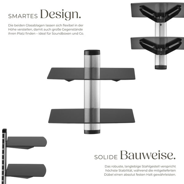 Wandregal mit zwei höhenverstellbaren schwarzen Glasablagen und einer silbernen Metallsäule für Multimedia-Geräte.