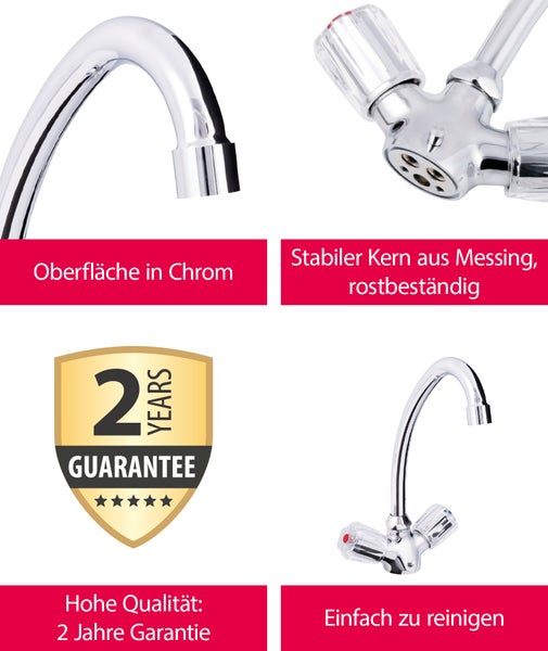 aquaSu® Zweigriffarmatur Standard Plus für Waschtisch oder Spüle, Wasserhahn Bad oder Küche, Waschtischarmatur, Armatur für Badezimmer, Zweigriffmischer Waschbecken, Waschbeckenarmatur Gäste-WC, 062848