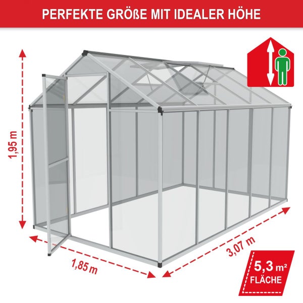Gewächshaus Aluminium ONBEST Größe XXL 185x307cm 195cm Stehhöhe 4mm Polycarbonat inkl. Fundament