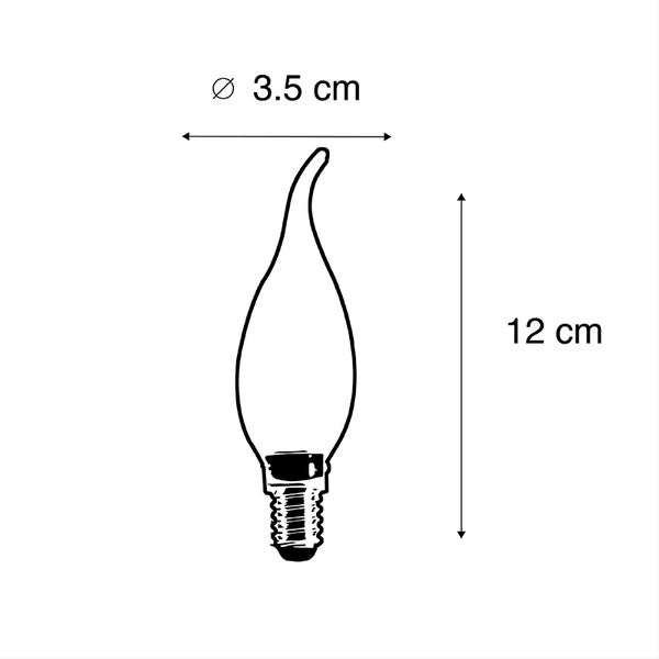 Skizze einer Windstoß-Kerzenlampe mit einem Durchmesser von 3,5 Zentimetern und einer Höhe von 12 Zentimetern.