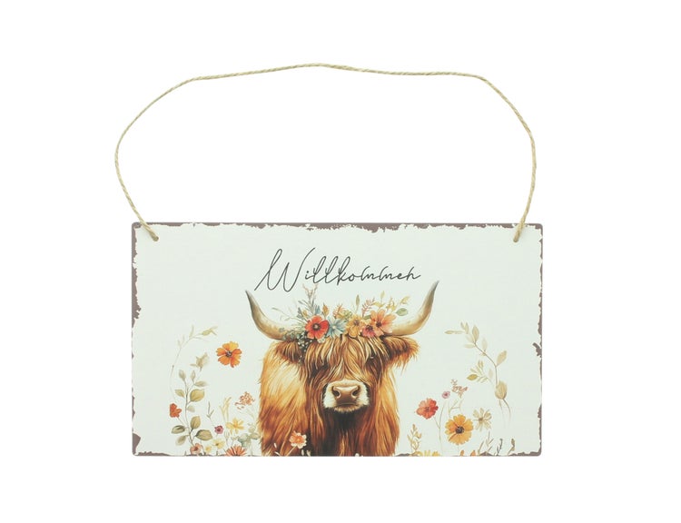 FRANK FLECHTWAREN|Schild Stier mit Blumenkranz, 28 x 16 cm, METALL, JUTE