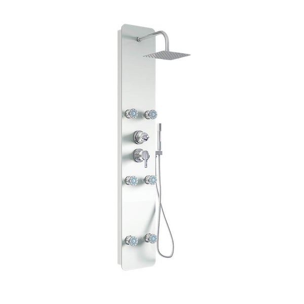 Duschpaneel aus Metall mit Kopfbrause, Handbrause und integrierten Massagedüsen