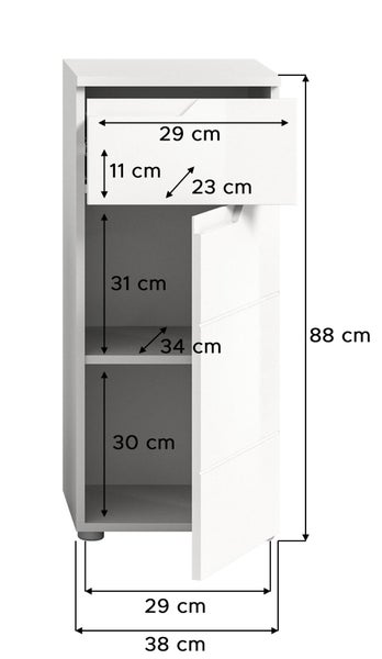 Weißer Badezimmerschrank mit Schublade und Tür, inklusive Maßangaben für Höhe 88 Zentimeter, Breite 38 Zentimeter und Tiefe 34 Zentimeter.