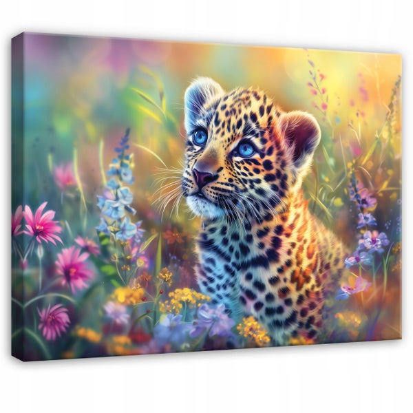 Leinwanddruck mit einem Leopard-Jungtier in einer Blumenwiese