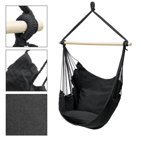 ECD Germany Hängesessel Anthrazit mit Gestell Weiß 208 cm, Hängestuhl Hängeschaukel aus Baumwolle mit 2 Kissen bis 120 kg, Freistehendes Hängesesselgestell Metall Hängestuhlgestell Hängesitz Ständer
