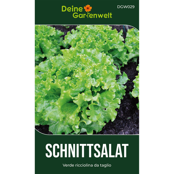 Deine Gartenwelt Logo, Samentüte für Schnittsalat Verde ricciolina da taglio, wachsende Salatpflanzen mit krausen Blättern in Erde.