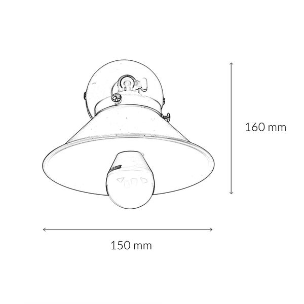 Skizze einer Wandleuchte mit den Maßen 150 Millimeter mal 160 Millimeter.