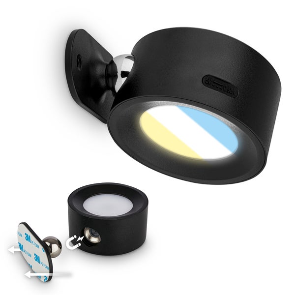 Schwarze LED-Wandleuchte mit magnetischer Halterung, schwenkbarem Kugelkopf und Klebebefestigung.