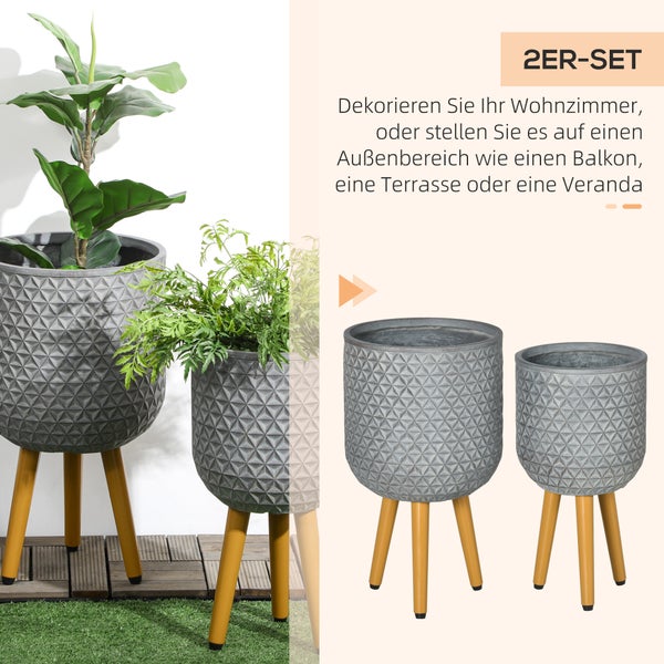Outsunny Pflanztöpfe 3er-Set, Runde Blumentöpfe mit Ablaufloch, 30L x 30B x 52H cm, Magnesiumoxid, Grau