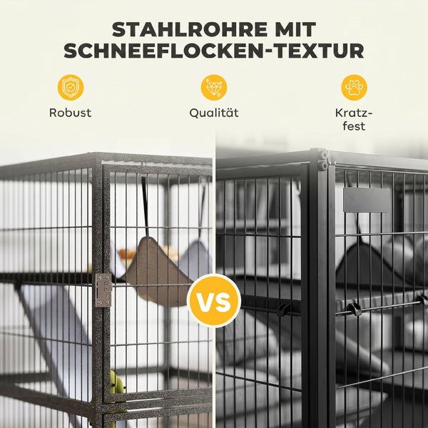 Kleintierkäfig im Vergleich: Robuste, hochwertige und kratzfeste Stahlrohre mit Schneeflocken-Textur gegenüber einer glatten Oberfläche.