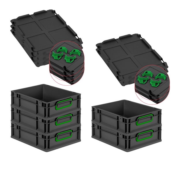 PROREGAL SparSet 5x Eurobox NextGen Color mit Auflagedeckel und Schiebeschnappverschlüsse, HxBxT 12x30x40cm, 11 Liter, Schwarz, Griffe grün geschlossen, Eurobehälter, Transportbox, Transportbehälter, Stapelbehälter