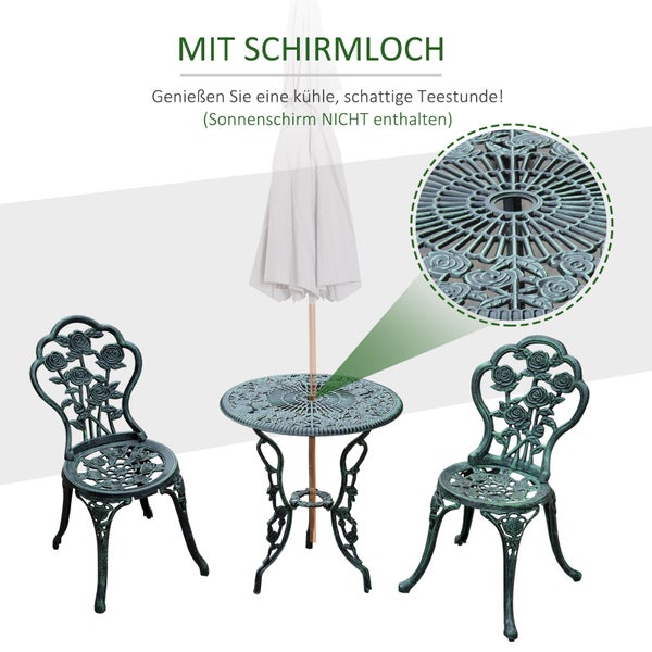 Balkonmöbel-Set bestehend aus einem runden Bistrotisch mit Schirmloch und zwei Stühlen mit Rosen-Motiv in Antik-Optik.