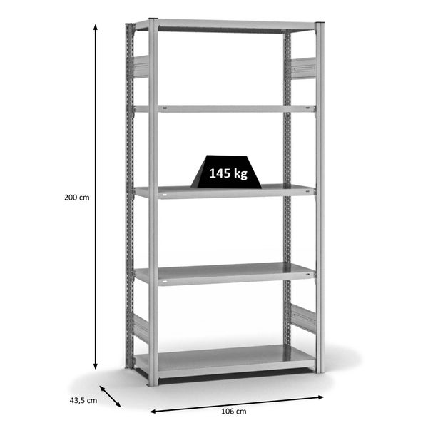 PROREGAL Fachbodenregal Stecksystem T-Profil Light-Duty Grundregal HxBxT 200 x 100 x 40 cm 5 Ebenen Fachlast 145 kg Beidseitig Nutzbar Verzinkt