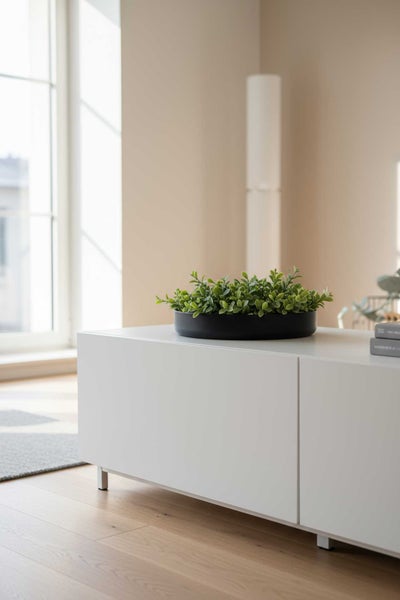 Künstliche Pflanze in einer schwarzen Schale auf einem weißen Sideboard in einem hellen Wohnzimmer.