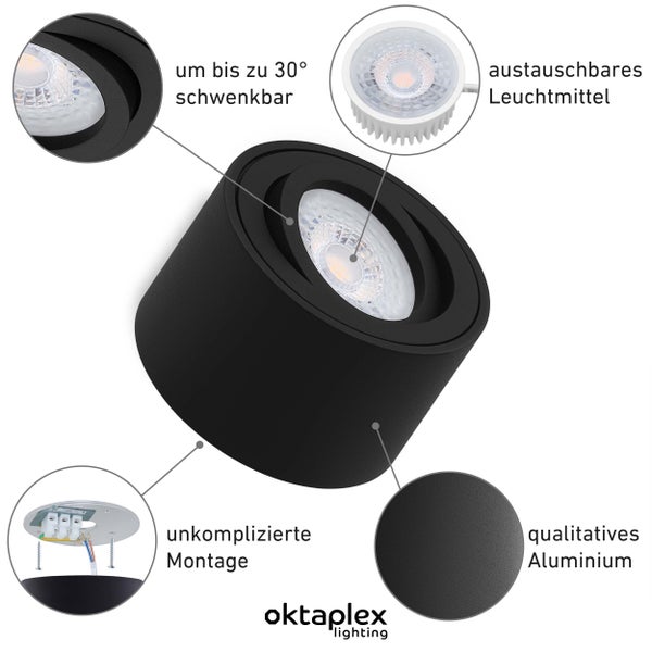 Aufbauspot Lile Schwarz 6 Stück 3-stufig dimmbar LED Modul 3000K warmweiß 4,8W 80x50mm Schwenkbar für Aufputz Montage
