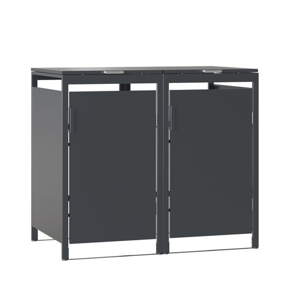 Mülltonnenbox für zwei Mülltonnen aus Metall mit zwei Türen und Deckeln
