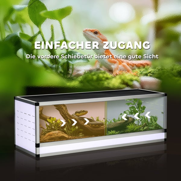 Terrarium mit Schiebetüren an der Vorderseite für einfachen Zugang und gute Sicht auf Reptilien und Pflanzen.