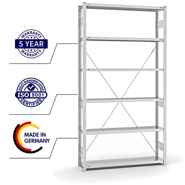 PROREGAL Fachbodenregal Stecksystem T-Profil Heavy-Duty Grundregal HxBxT 250 x 130 x 30 cm 6 Ebenen Fachlast 300 kg Einseitig Nutzbar Lichtgrau