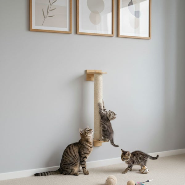 Wandkratzbaum aus Holz mit Sisalstamm montiert an einer Wand mit drei Katzen in einer modern eingerichteten Wohnung.