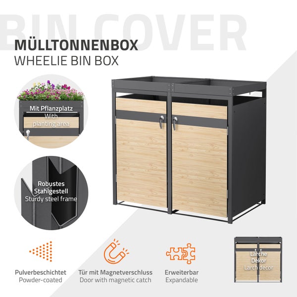 Erweiterbare Mülltonnenbox für zwei Tonnen mit Pflanzdach, pulverbeschichtetem Stahlrahmen, Fronten in Lärchen-Dekor und Magnetverschluss.