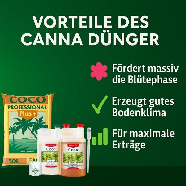 Vorteile von Canna Dünger: fördert die Blütephase, verbessert das Bodenklima und maximiert Erträge. Mit Canna Coco Professional Plus und Düngemittel.