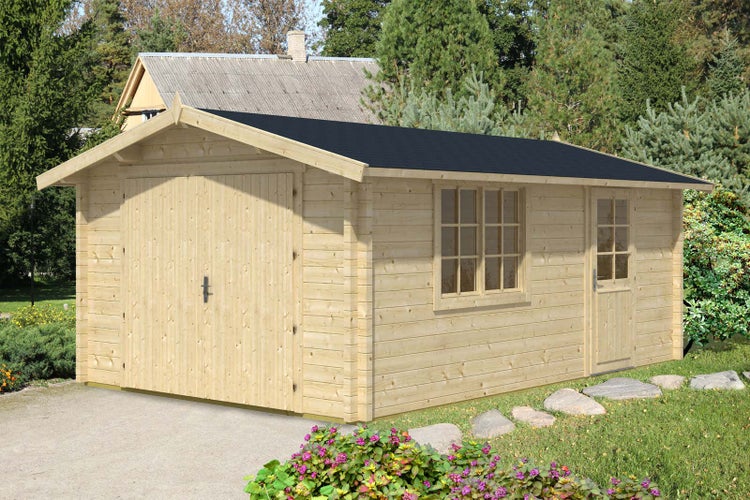Holzgarage mit Doppeltür, Fenster und Seitentür im Garten