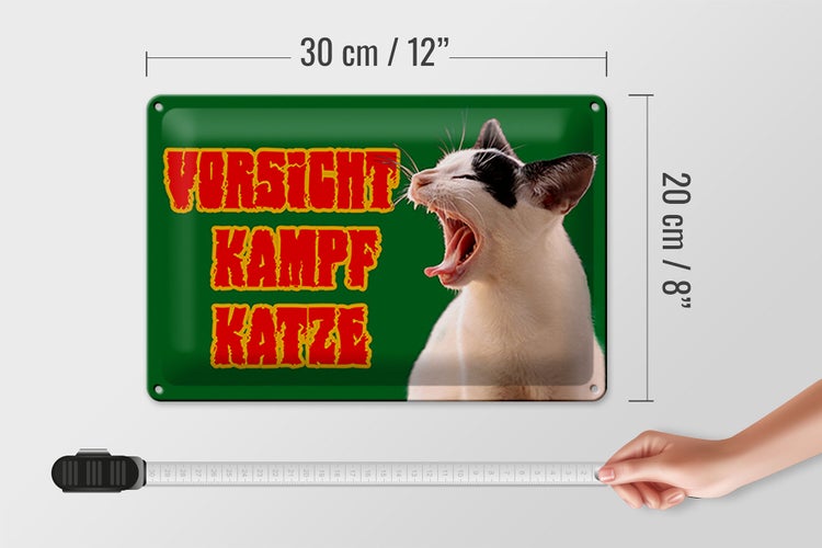 Emailliertes Schild mit der Aufschrift 'Vorsicht Kampfkatze', Größe 30 x 20 cm