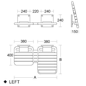 Technische Zeichnung eines Badzubehörs in linker Ausführung mit Frontansicht Draufsicht Seitenansicht und Maßangaben in Millimetern