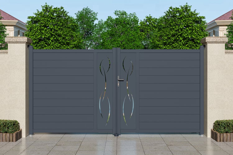 Flügeltor 3,5m LIFE H.180cm graues Aluminium + 2 Pfosten 20x20cm H.190cm